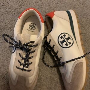 Tory Burch Men's Cream and Tan Sneakers with Red Accent